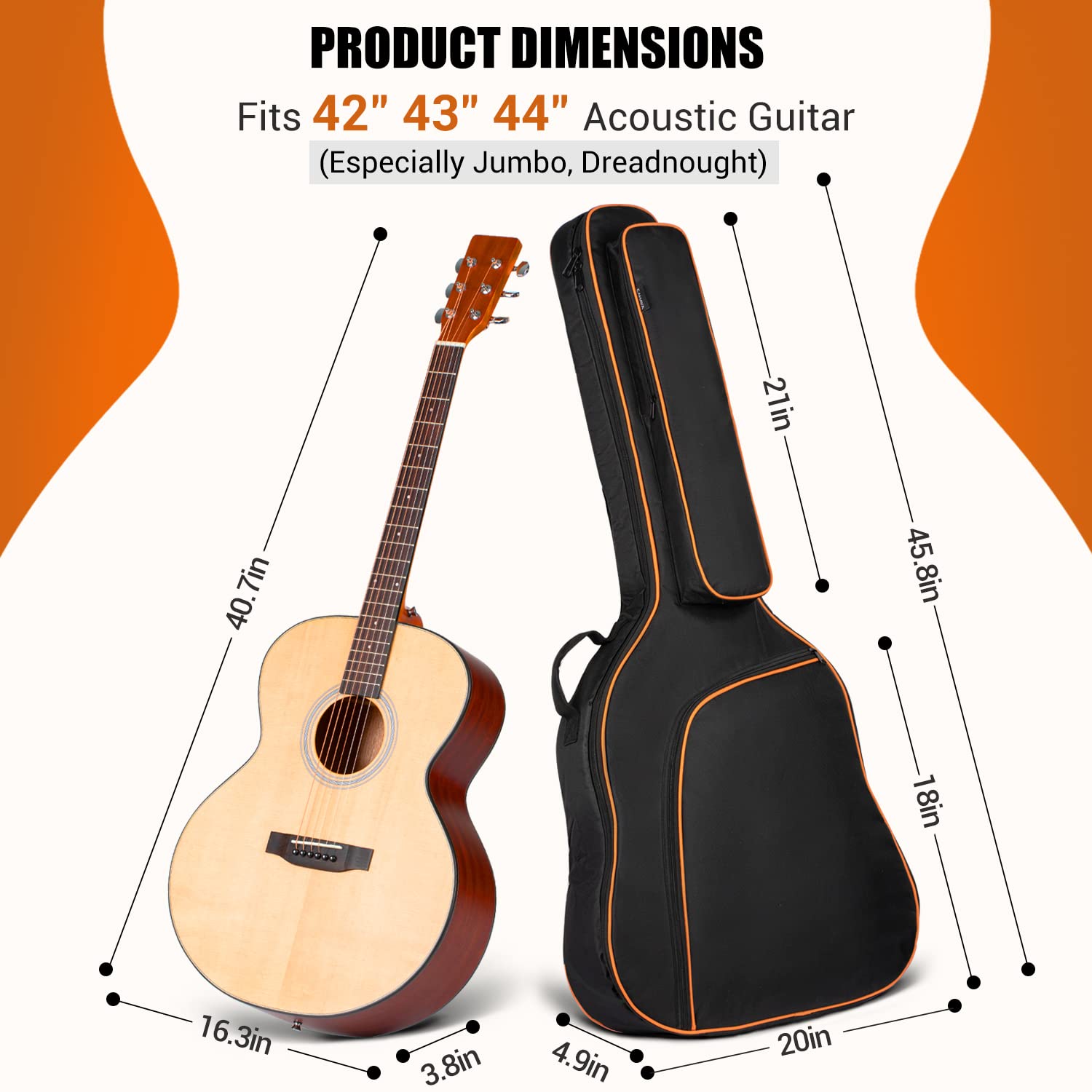 CAHAYA 44 Inch Guitar Bag for Dreadnought and Jumbo Orange Line Gig Bag 0.47in Thick Padding Water Resistent Adjustable Shoulder